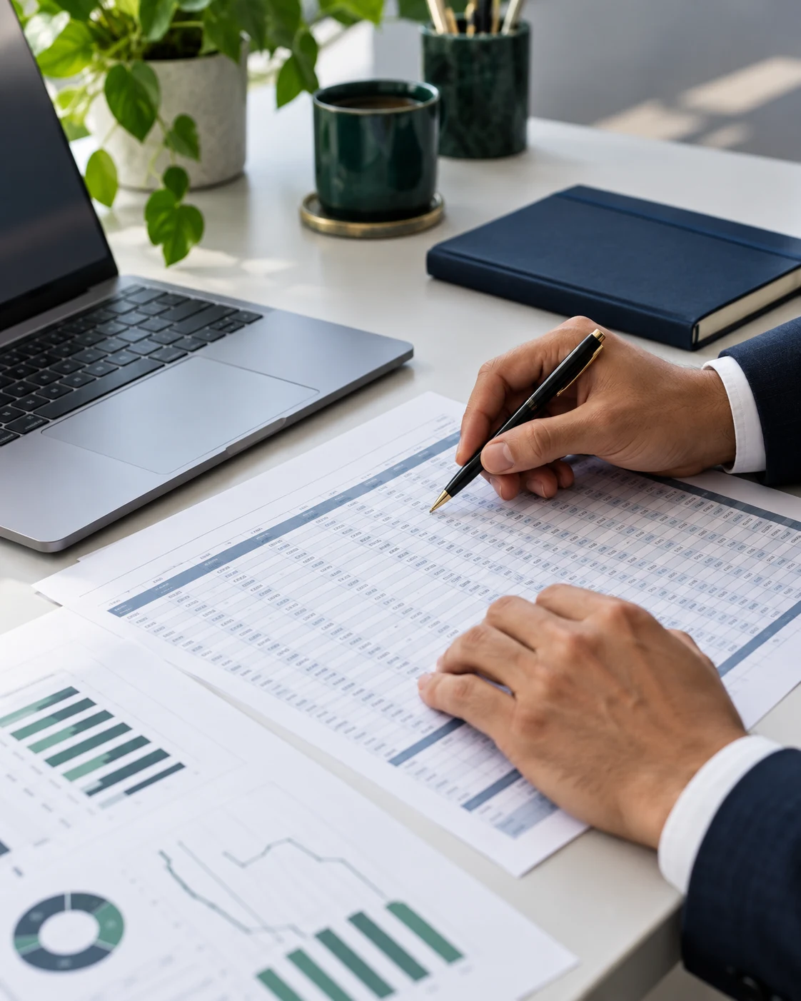 Mesa de trabalho com documentos contábeis e computador